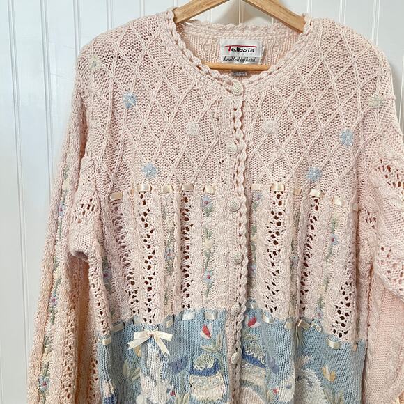 NWT Talbots Vintage Hand Knit Bunny Rabbit Cardigan Sweater Pink L Deadstock - Picture 1 of 13
